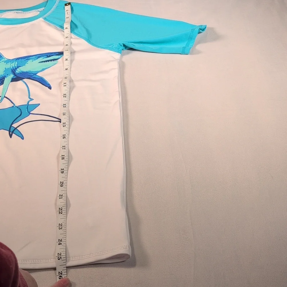 Lands' End Shark Short Sleeve Rash Guard Swim Shirt Boys Size XL